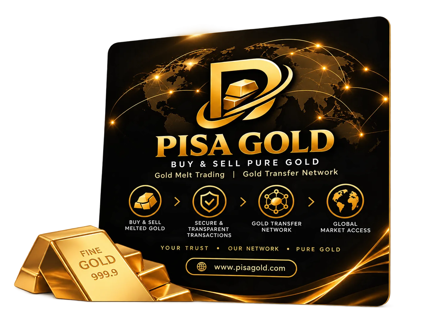 کارت PISA GOLD با شمش‌های طلا — خرید و فروش طلا و شبکه انتقال بین‌المللی